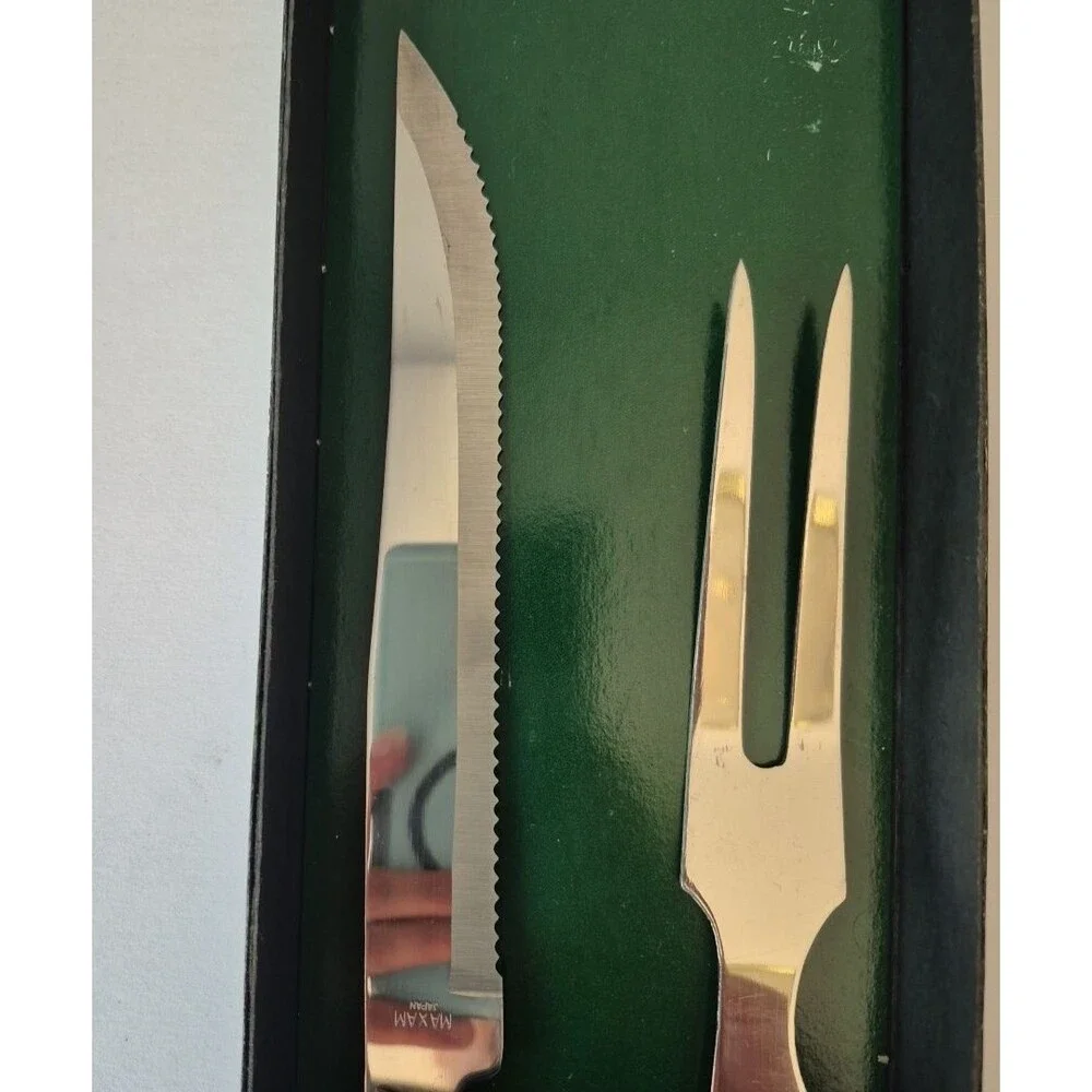 Maxam VTG Stainless Steel Wooden Carving Fork and Knife Set in Original Box CTCF